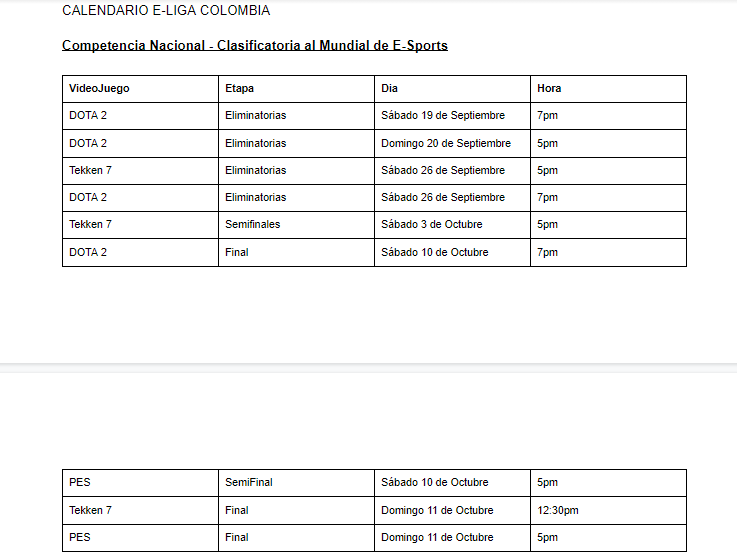 Calendario E-Liga Colombia