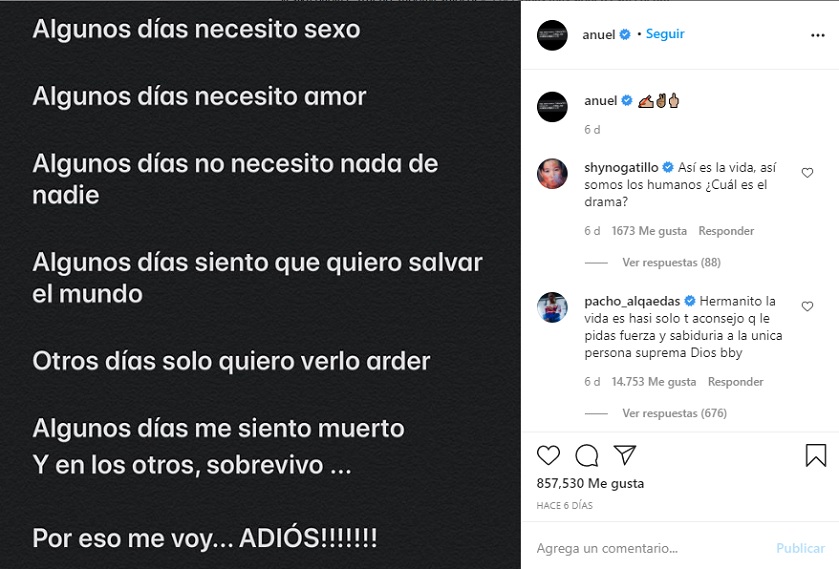 Anuel AA mensaje en Instagram