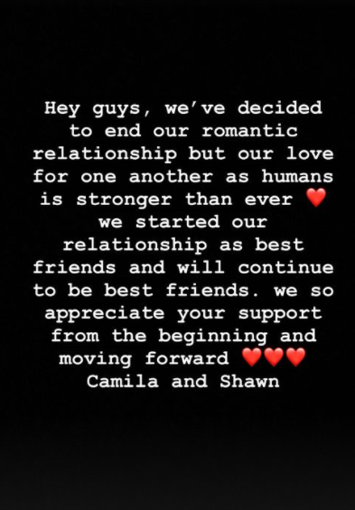 mensaje de Camila Cabello y Shawn Mendes ( terminan su relacion)