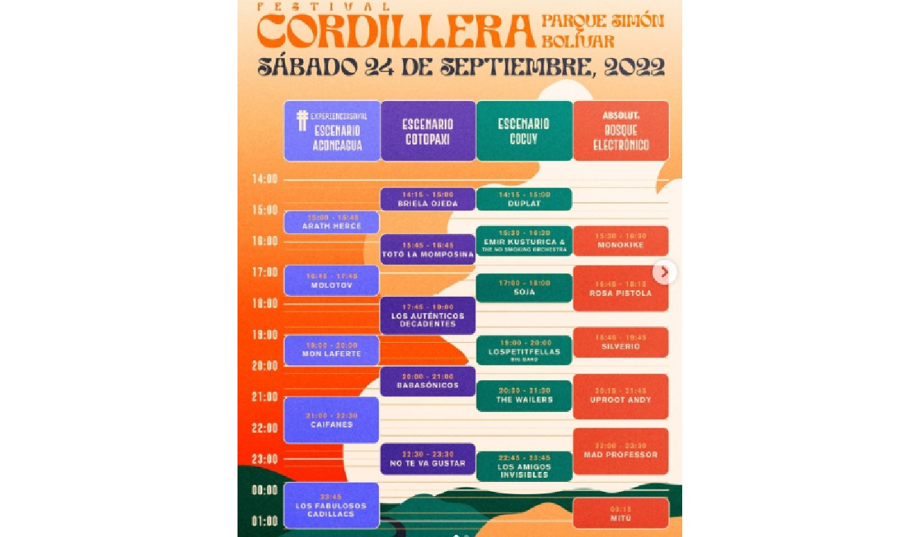 Horarios sábado 24 de septiembre Festival Cordillera
