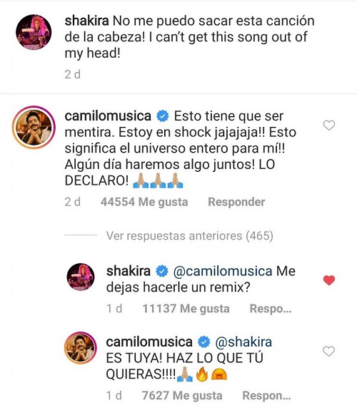 Conversación entre Shakira y Camilo en Instagram