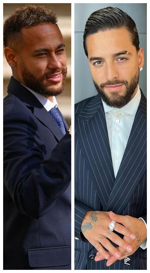 Maluma y Neymar Maluma y Neymar posando con un traje azul